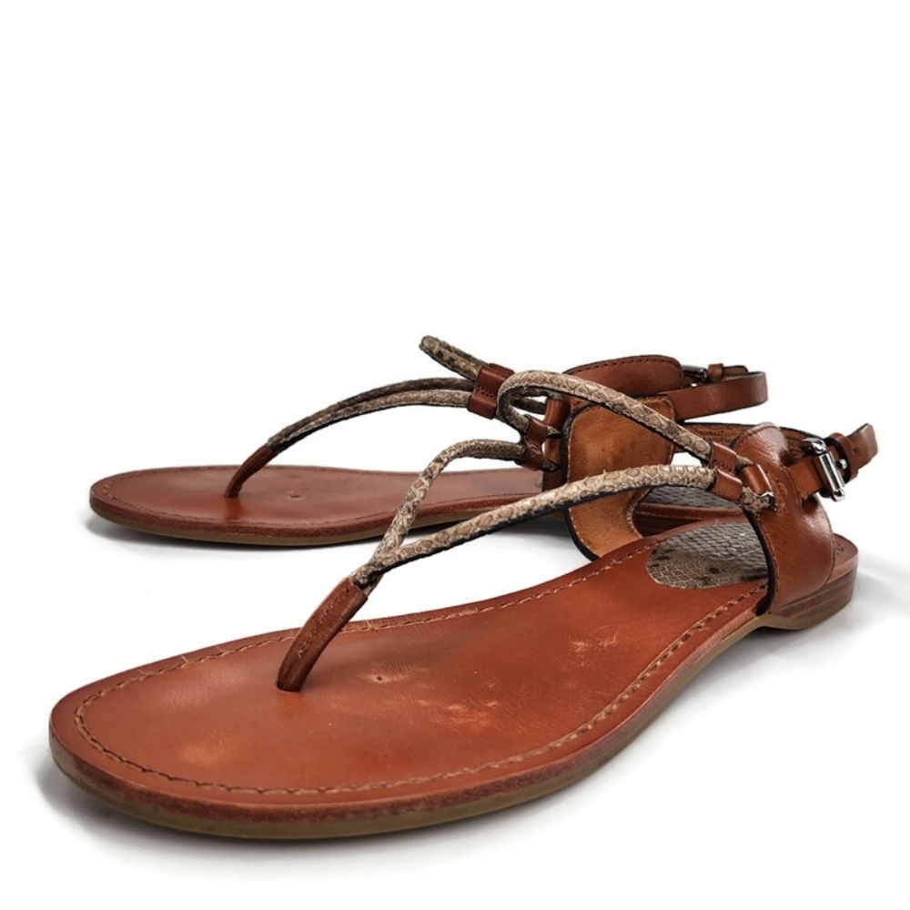 Coach Coco Tan Leather & Python Snake Print T-Strap Slingback Flat Thong Sandals - Picture 2 of 13